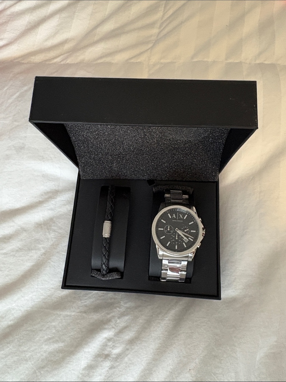 Armani Exchange Black Dial Silver-Tone Bracelet Watch Set